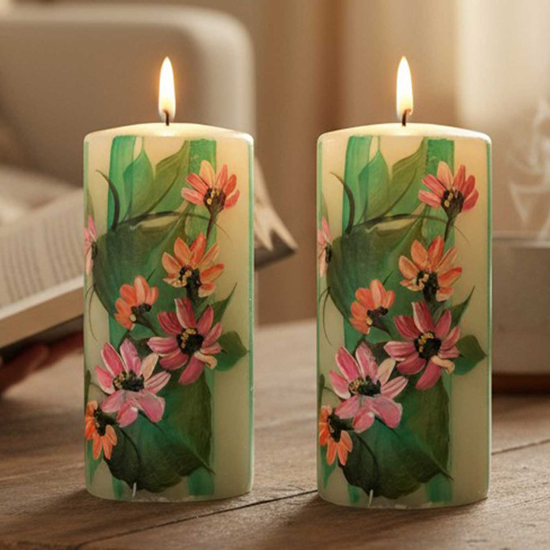 Hand-Painted Wild Flowers Circular Paraffin Scented Candle | Set Of 2