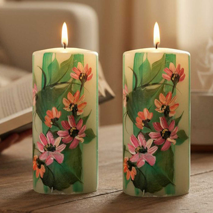Hand-Painted Wild Flowers Circular Paraffin Scented Candle | Set Of 2
