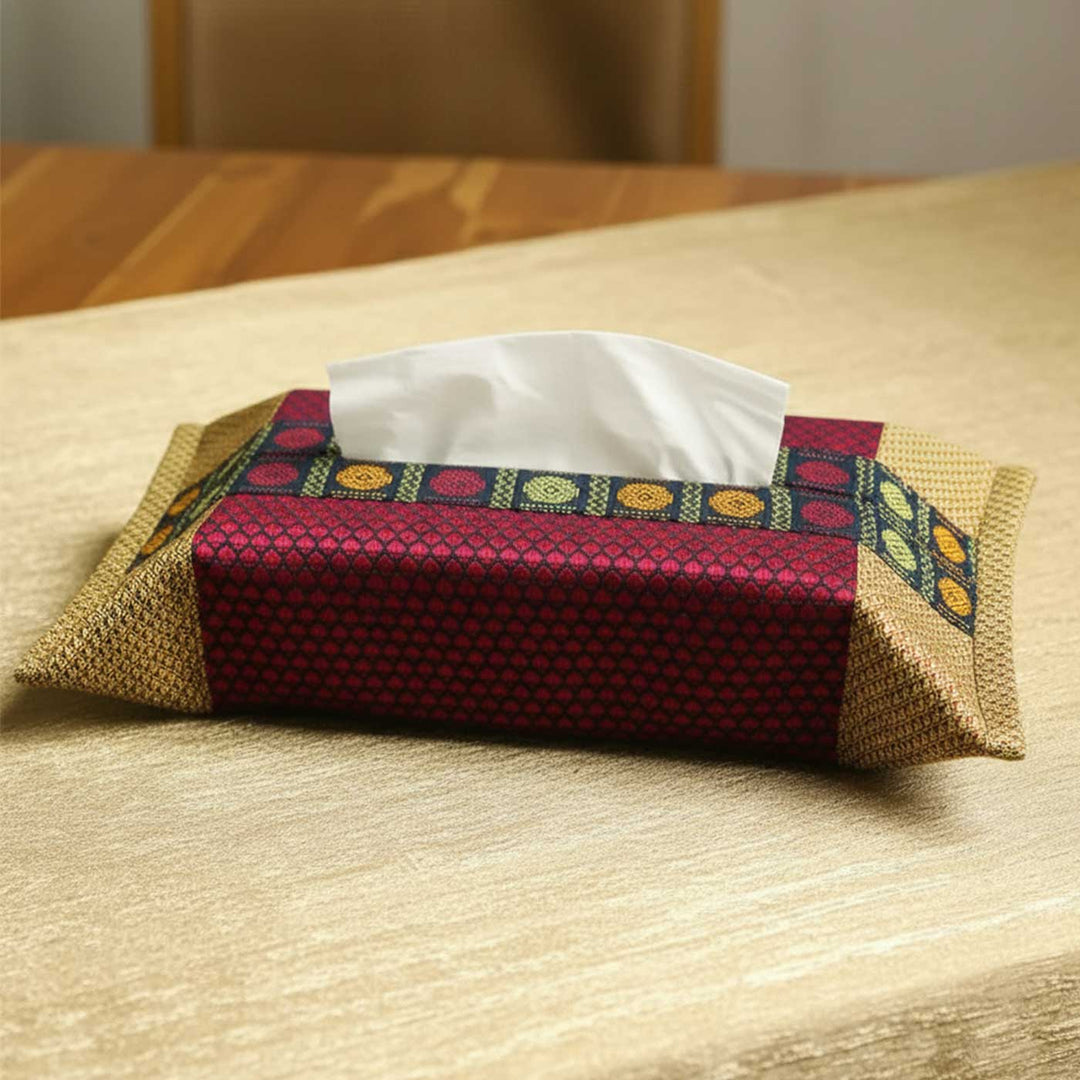 Handmade Red & Gold Rudraksha Design Khunn Fabric Cotton Tissue Box Cover