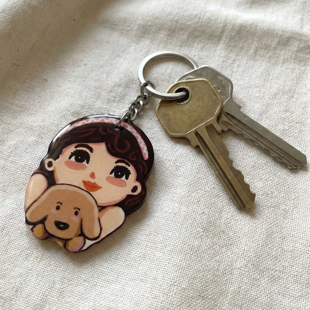 Printed Hand-Illustrated Dog Mom MDF Wood Key Chain/Bag Charm