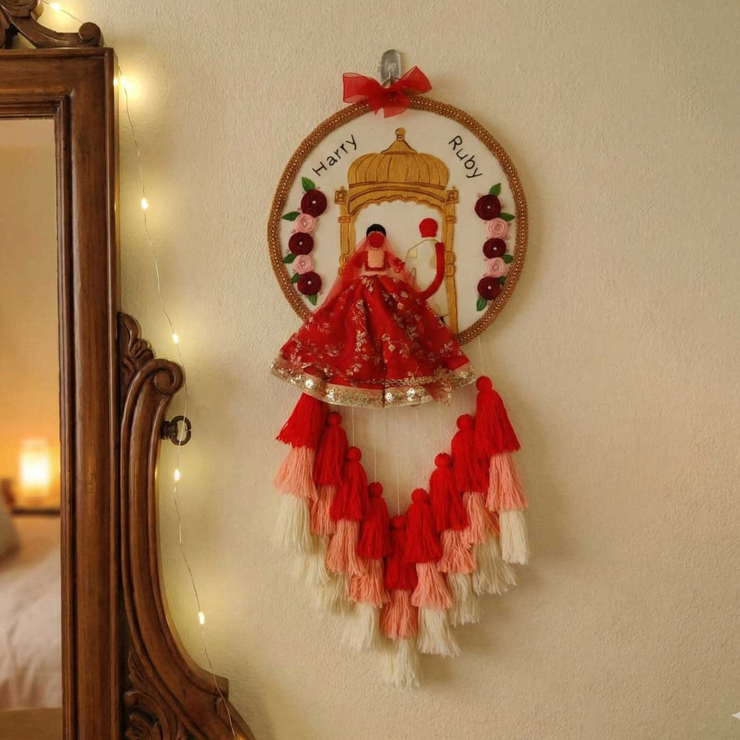 Personalized Embroidered Red Floral Wedding Plaque With Tassels