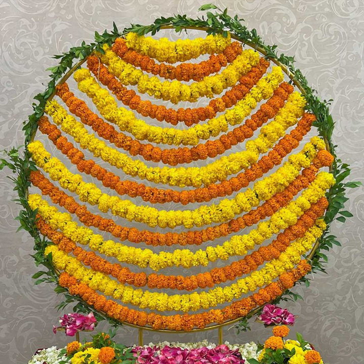 Gold Powder Coated Metal Circle Backdrop Stand With Jaali Design For Pooja Decor