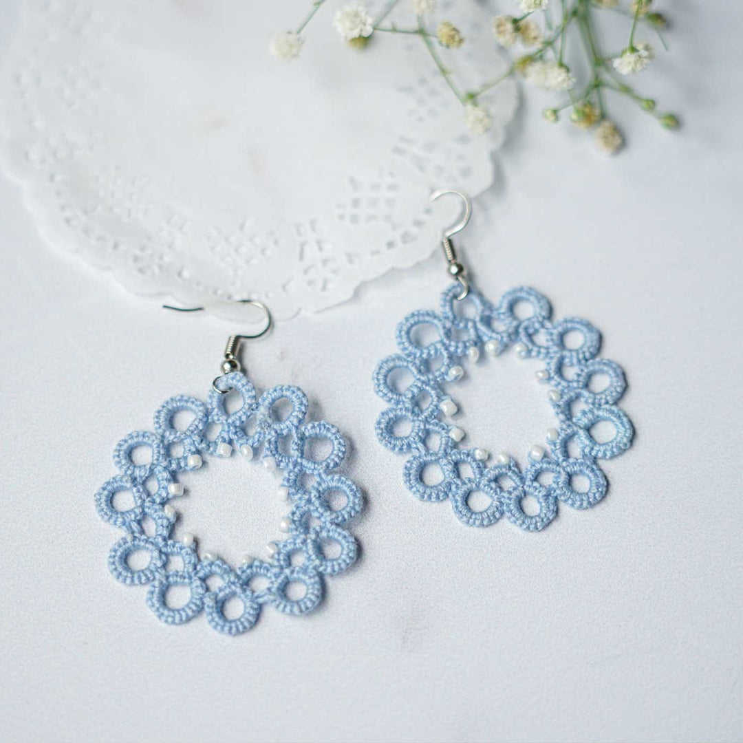 Handmade Tatting Flower Beaded Lace Cotton Earrings