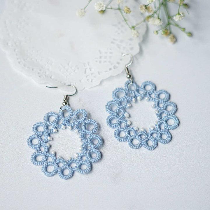 Handmade Tatting Flower Beaded Lace Cotton Earrings