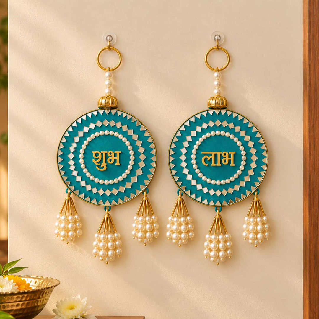 2 pc | Shubh Labh Mirror Work MDF Wood Door Hanging For Festive Decor