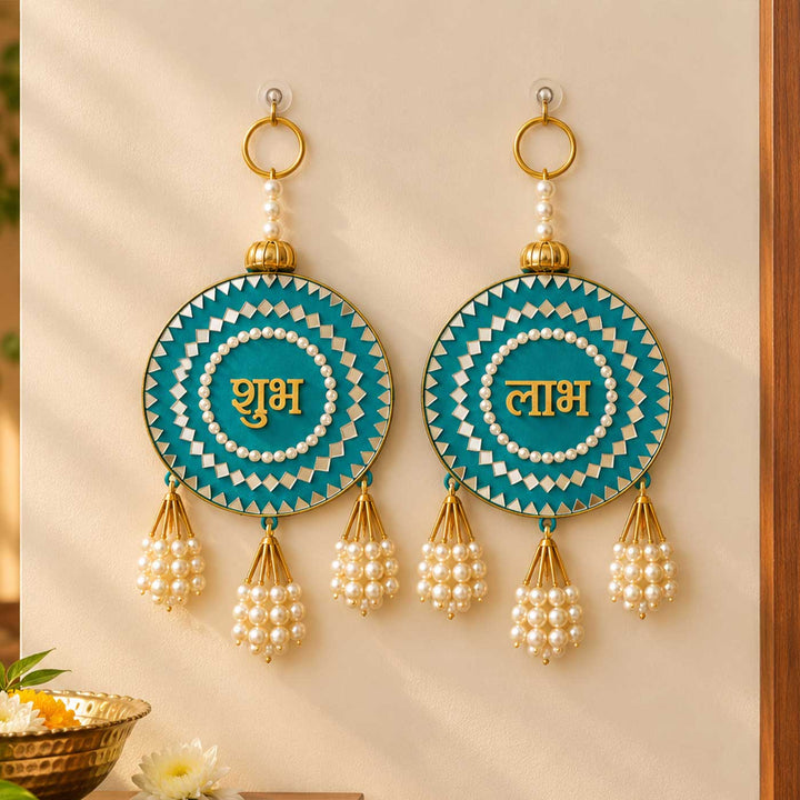 2 pc | Shubh Labh Mirror Work MDF Wood Door Hanging For Festive Decor