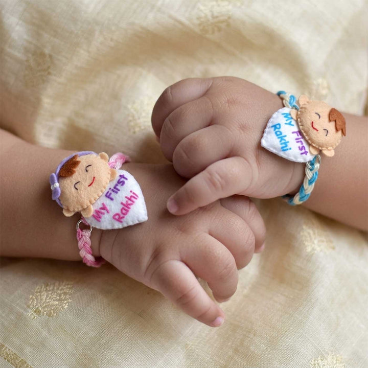 2 Pc | Handmade "My First Rakhi" Rakhi Set For Newborn Twins With Roli Chawal