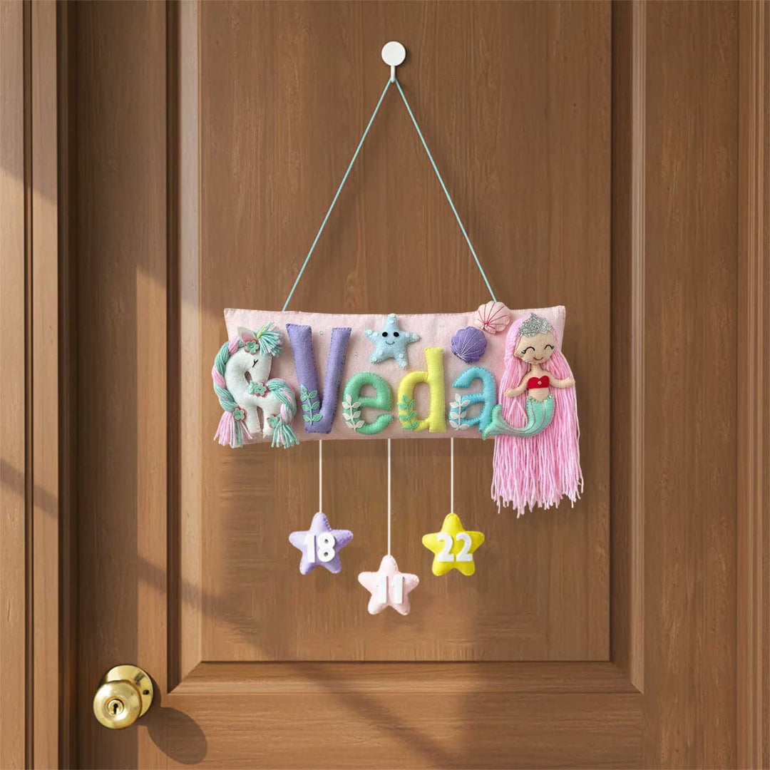 Handcrafted Mermaid & Unicorn Themed Rectangle Felt Name Plate for Kids