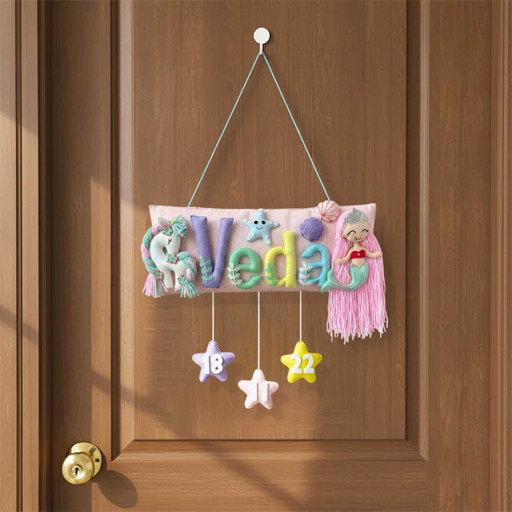 Handcrafted Mermaid & Unicorn Themed Rectangle Felt Name Plate for Kids