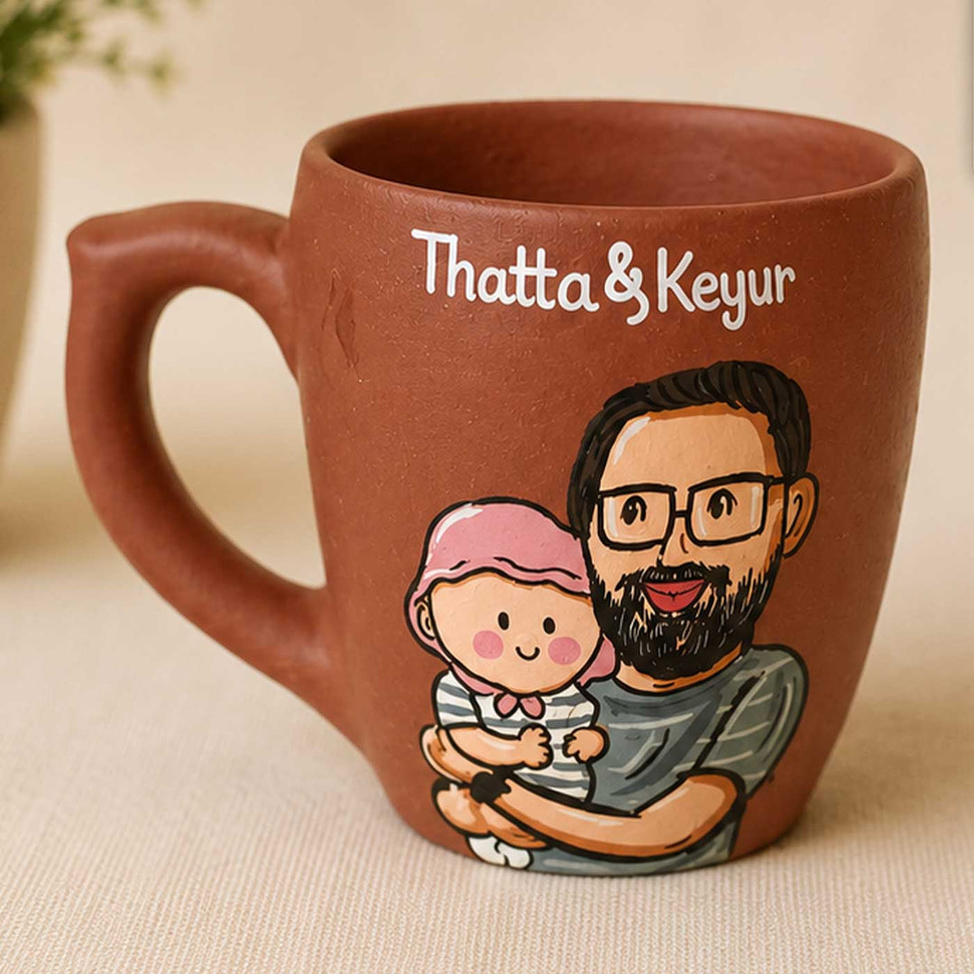 Personalised Terracotta Mugs with Photo Based Caricatures for Dad and Children