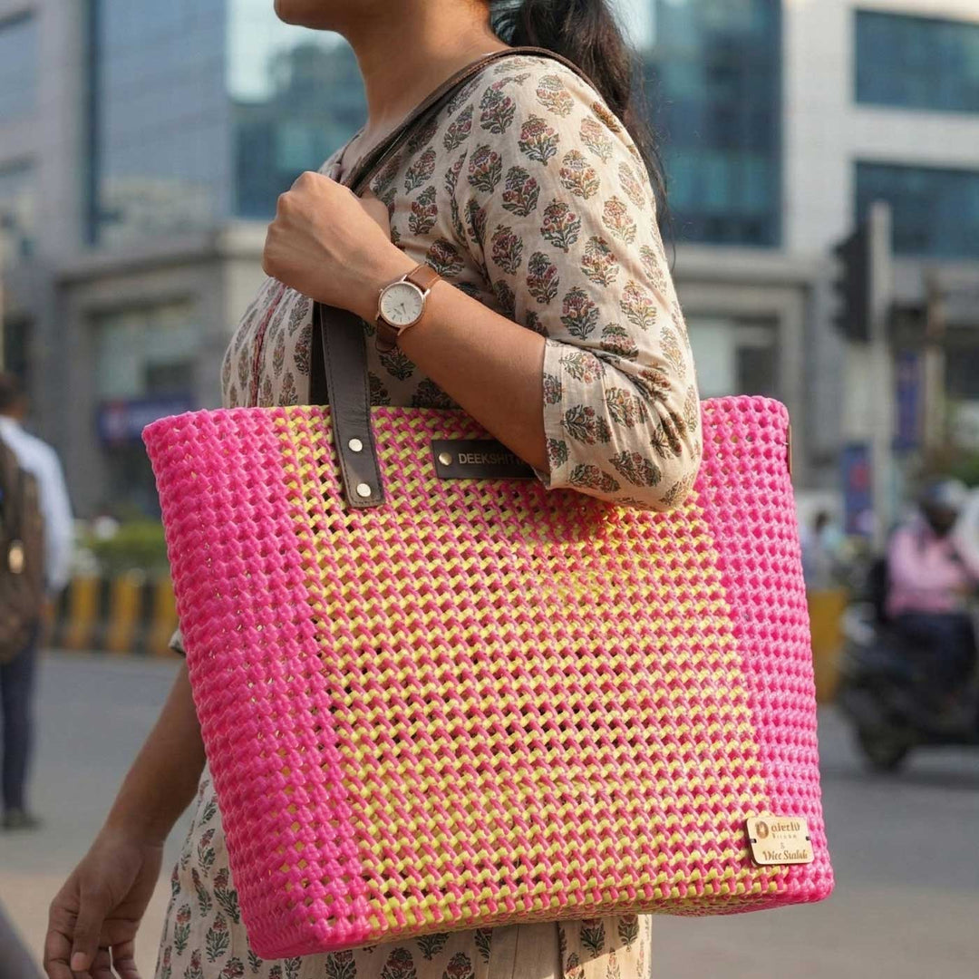 Pink And Green Blocks Handmade Wire Koodai Tote Bag