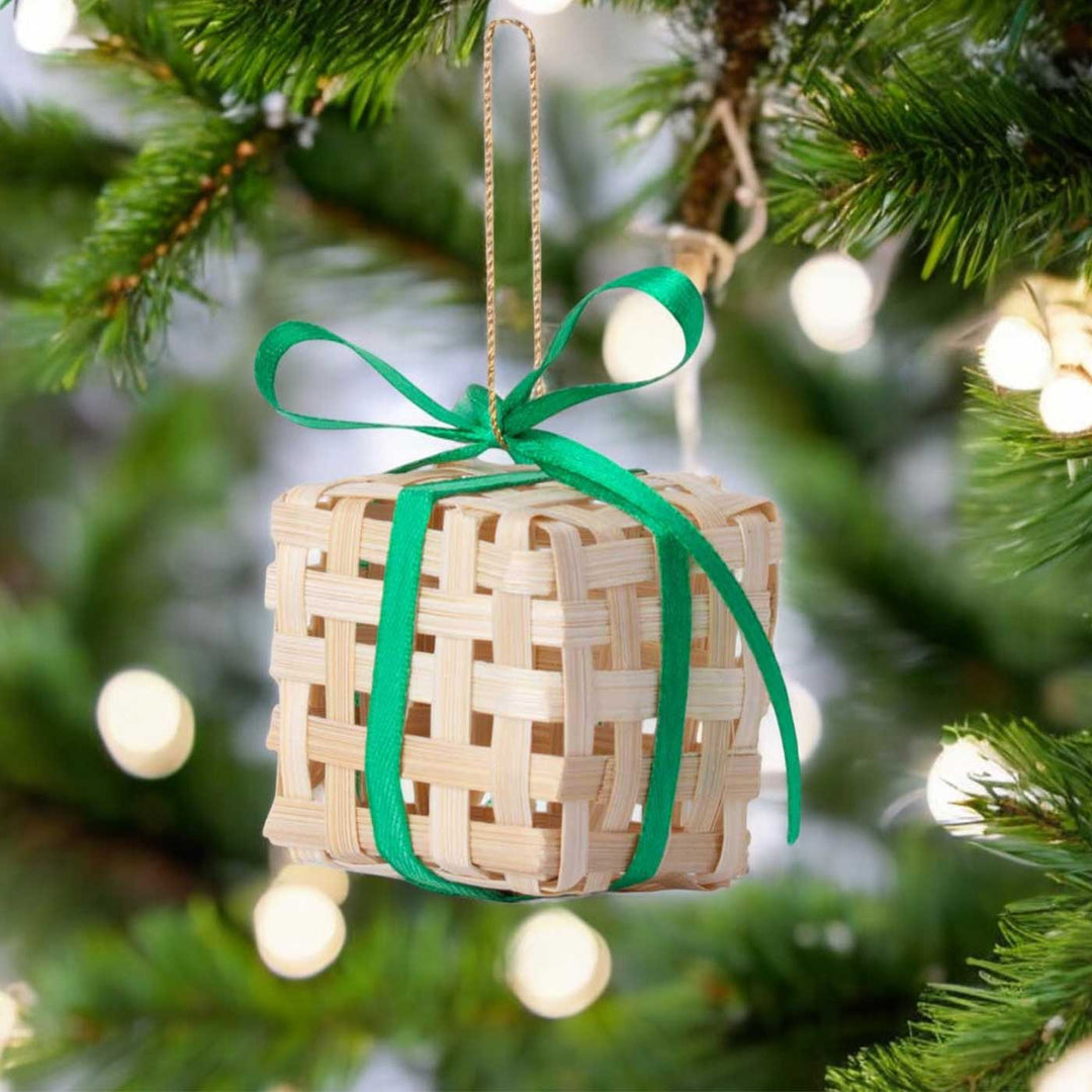 5 Pc | Handmade Bamboo Gift Box Hanging Christmas Ornaments | Assorted Colors