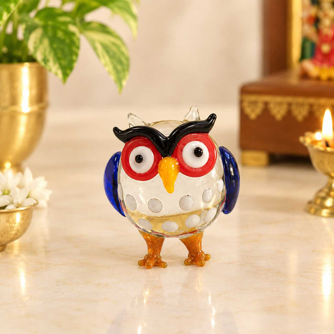 Handmade Blown Glass Spotted Owl Miniature Figurine For Decor
