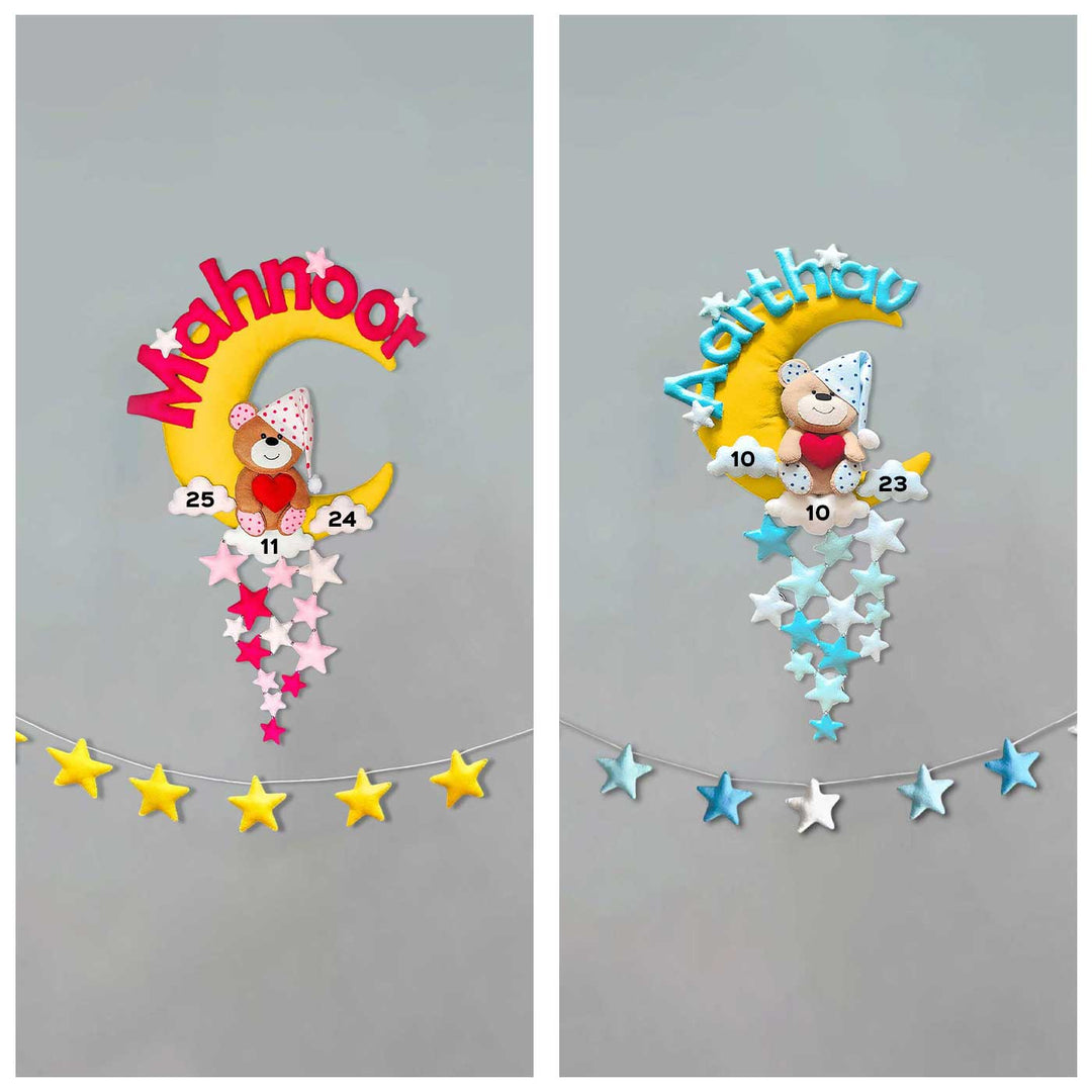 Hand-stitched Teddy Themed Felt Moon Nameplate For Kids