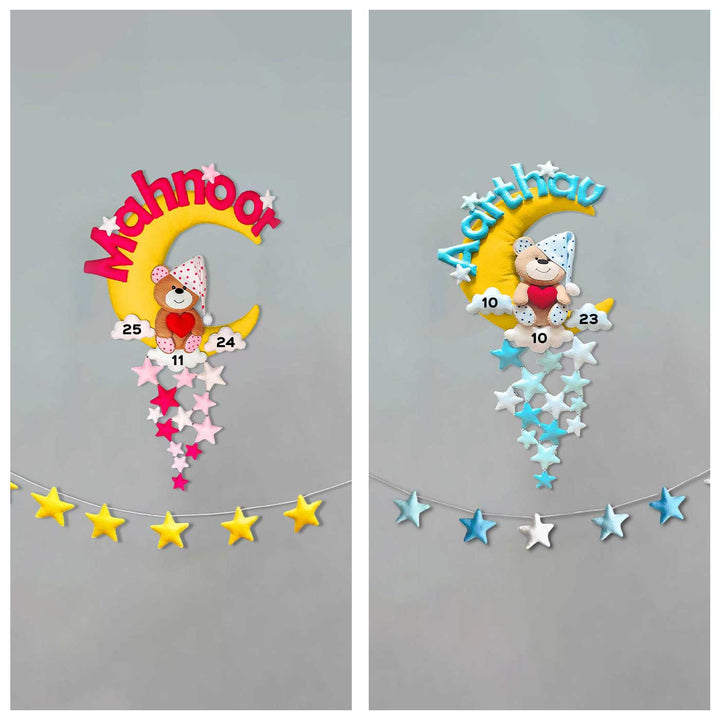 Hand-stitched Teddy Themed Felt Moon Nameplate For Kids