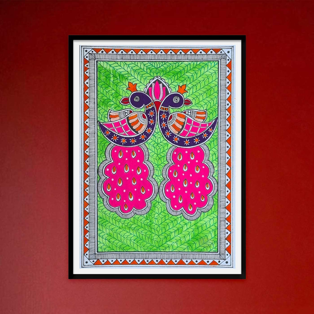 8 x 5 Inch | Symphony In Pink & Green | Original Hand Painted Madhubani Painting On Paper