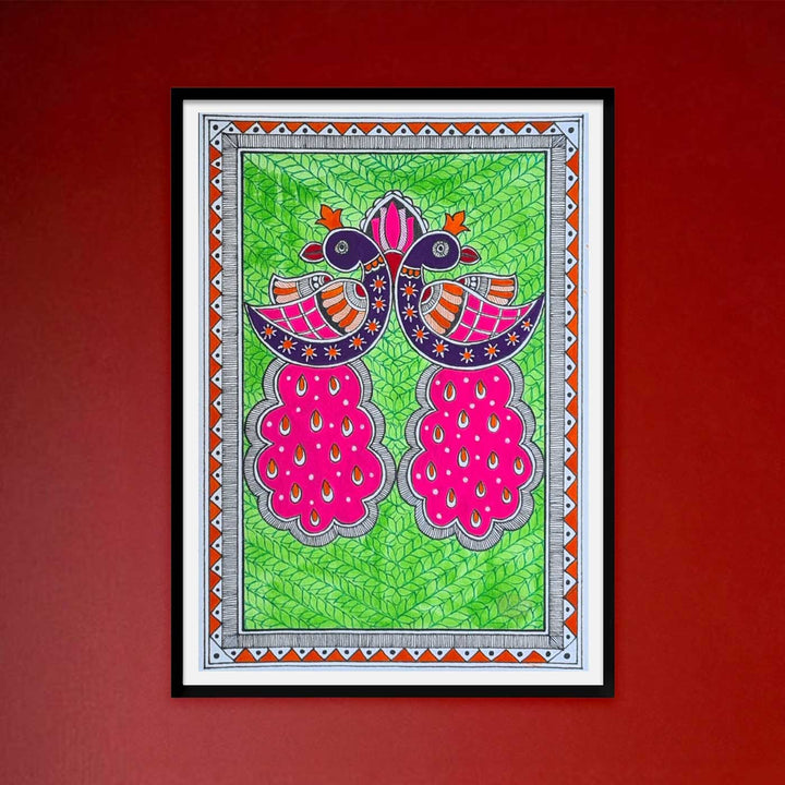 8 x 5 Inch | Symphony In Pink & Green | Original Hand Painted Madhubani Painting On Paper