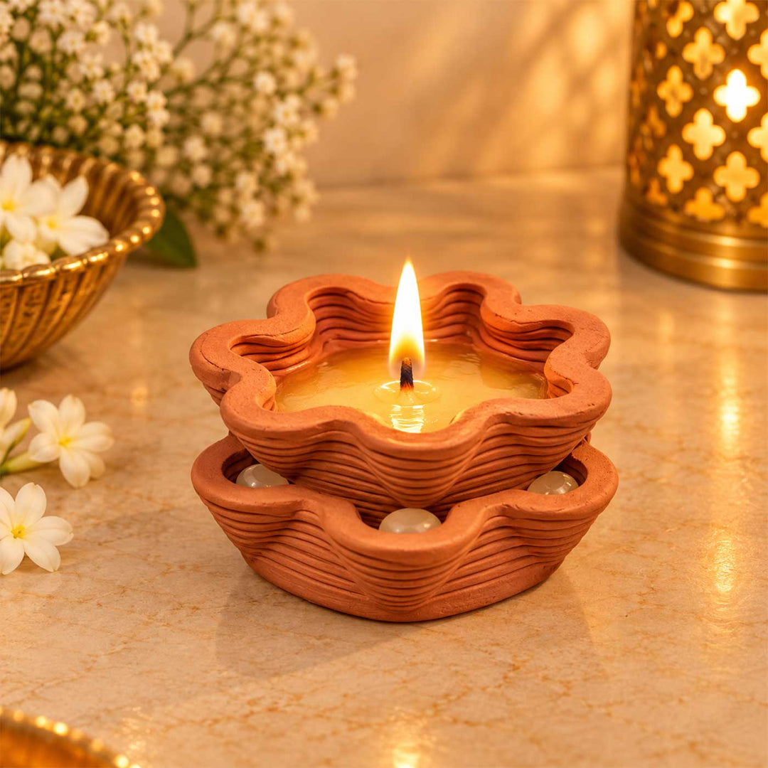 3D Printed Terracotta Diya With Base Stand For Pooja Decor