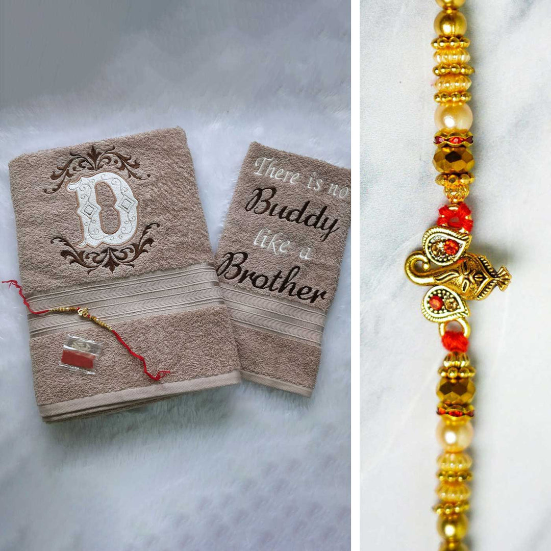 Personalized Embroidered Beige Cotton Towel Rakhi Hamper With Roli Chawal For Brother | Includes 1 Hand Towel, 1 Bath Towel & 1 Rakhi