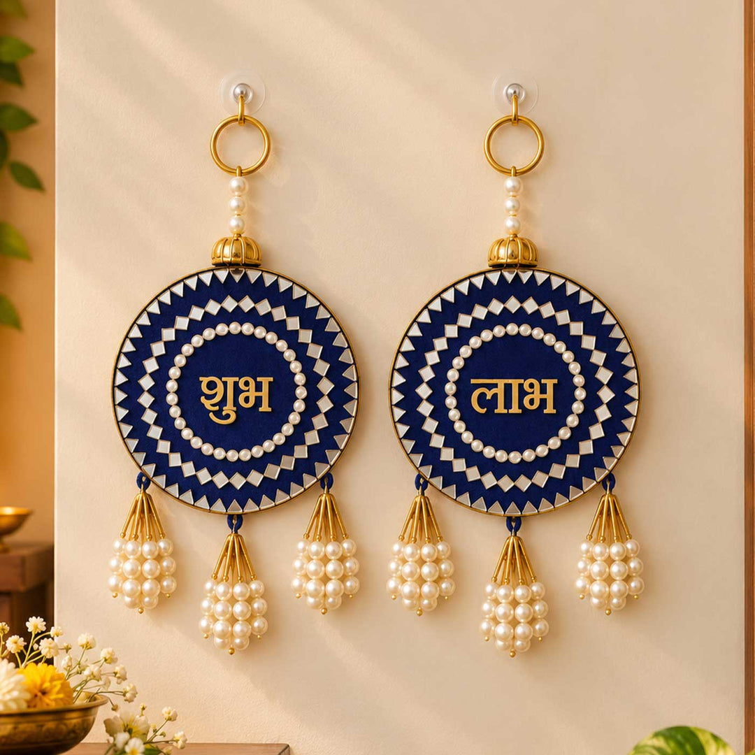2 pc | Shubh Labh Mirror Work MDF Wood Door Hanging For Festive Decor