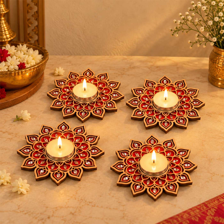 Handcrafted Heritage Mandala Red Wooden Tealight Holder with Mirror Accents