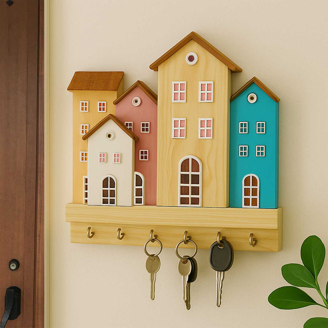 Stylish Miniature House Theme Wooden Key Holder | With 7 Hooks
