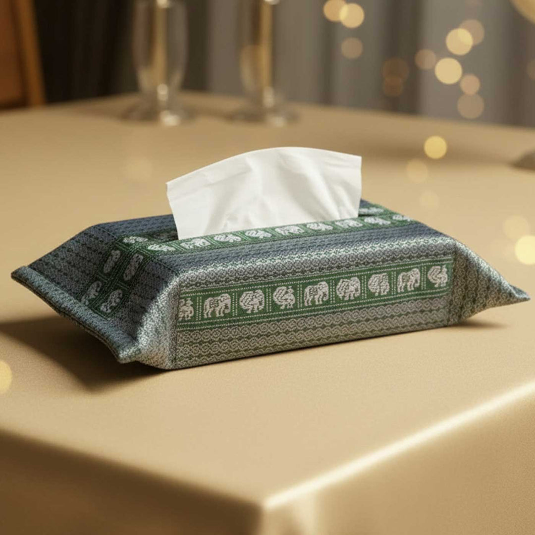 Handmade Grey Elephant & Peacock Motif Khunn Fabric Cotton Tissue Box Cover