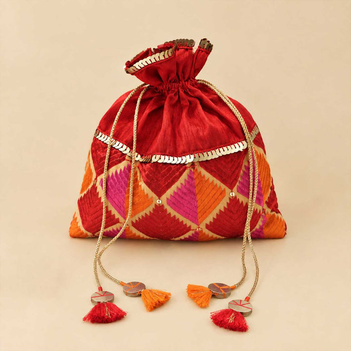 Handmade Phulkari Silk Potli For Festive Gifting | Large