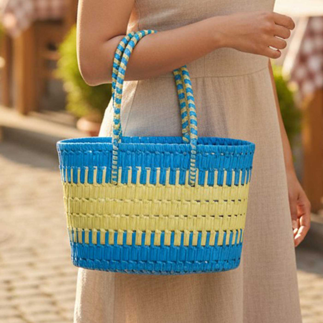 Handmade Traditional Plastic Tape Wire Blue And Yellow Koodai Lunch Bag