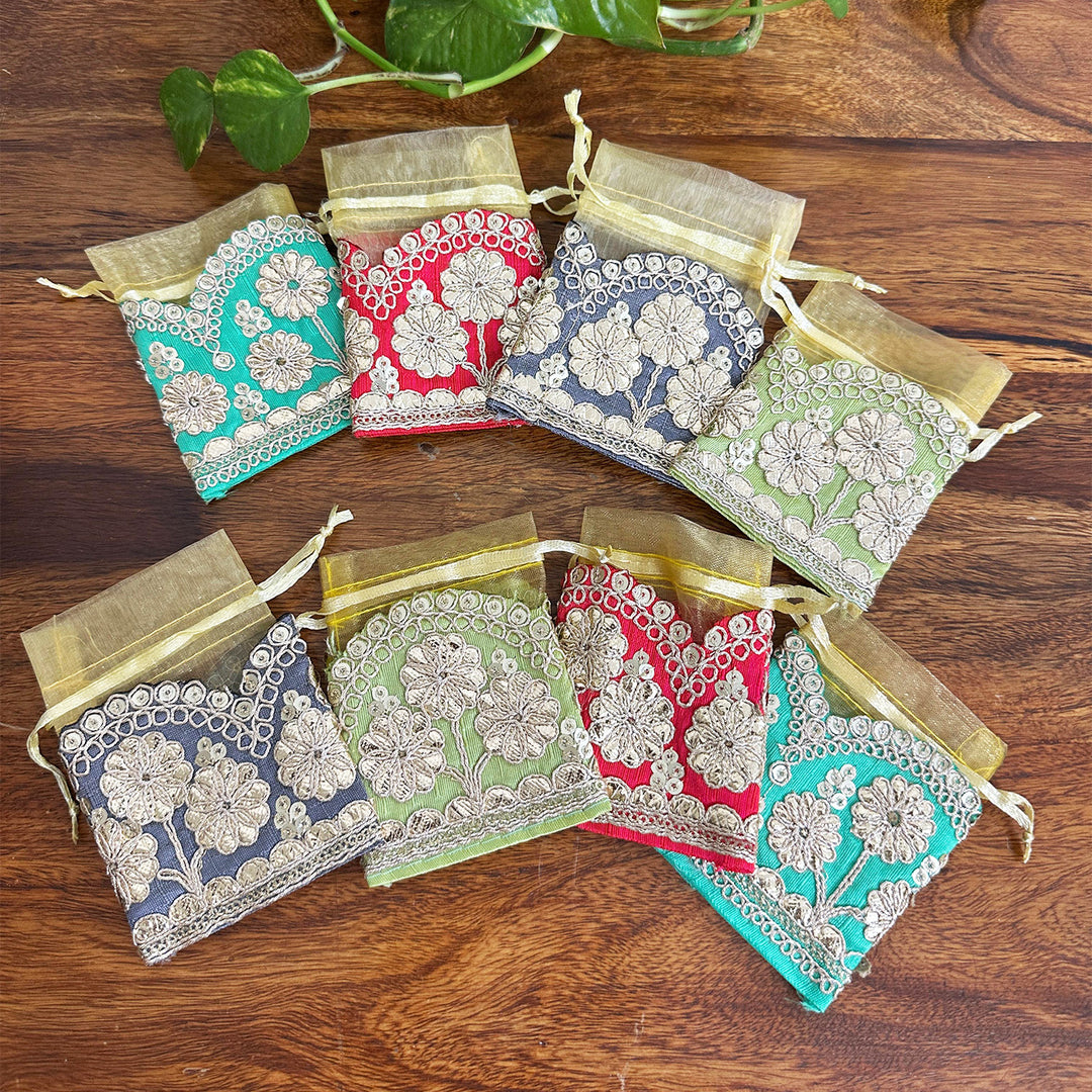 10 Pc | Gota Patti Organza Akshada Elaichi/Coin Pouch For Festive Gifting