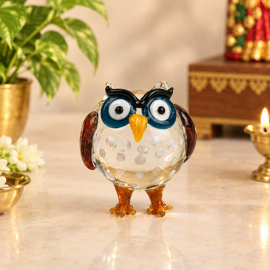 Handmade Blown Glass Spotted Owl Miniature Figurine For Decor