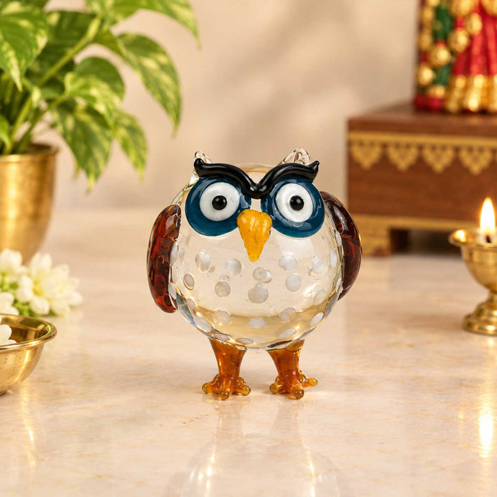 Handmade Blown Glass Spotted Owl Miniature Figurine For Decor