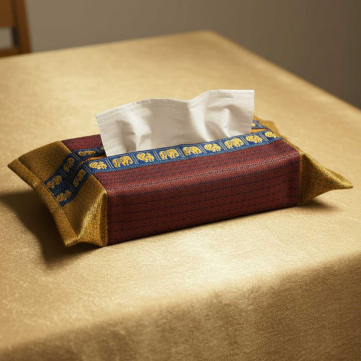Handmade Red Elephant & Peacock Motif Khunn Fabric Cotton Tissue Box Cover