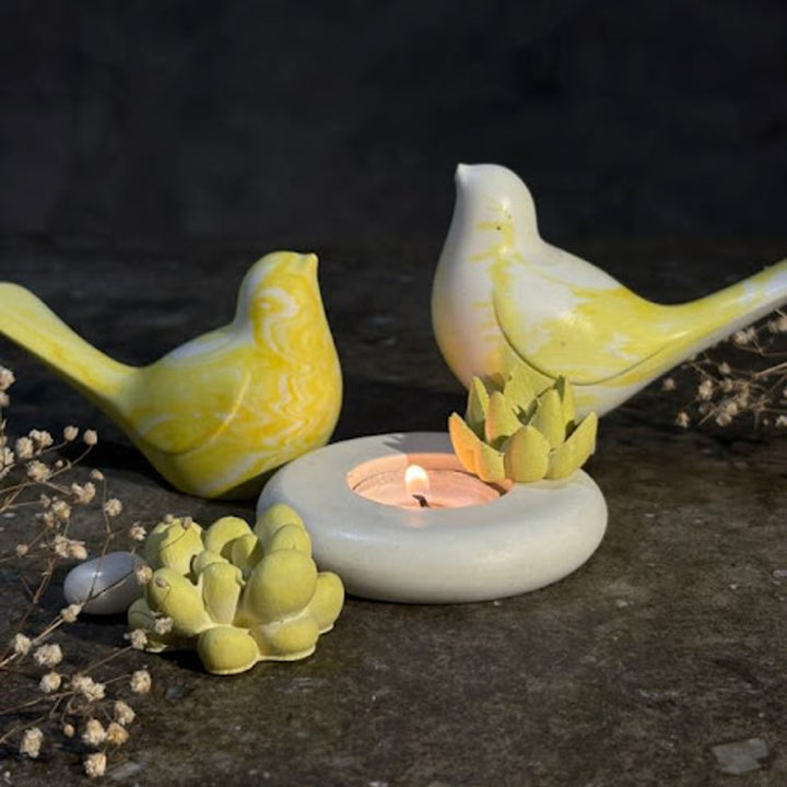 Handmade Concrete Twin Flame Hamper | Includes 2 Bird Centerpiece, 1 Candle Holder And 2 Succulents