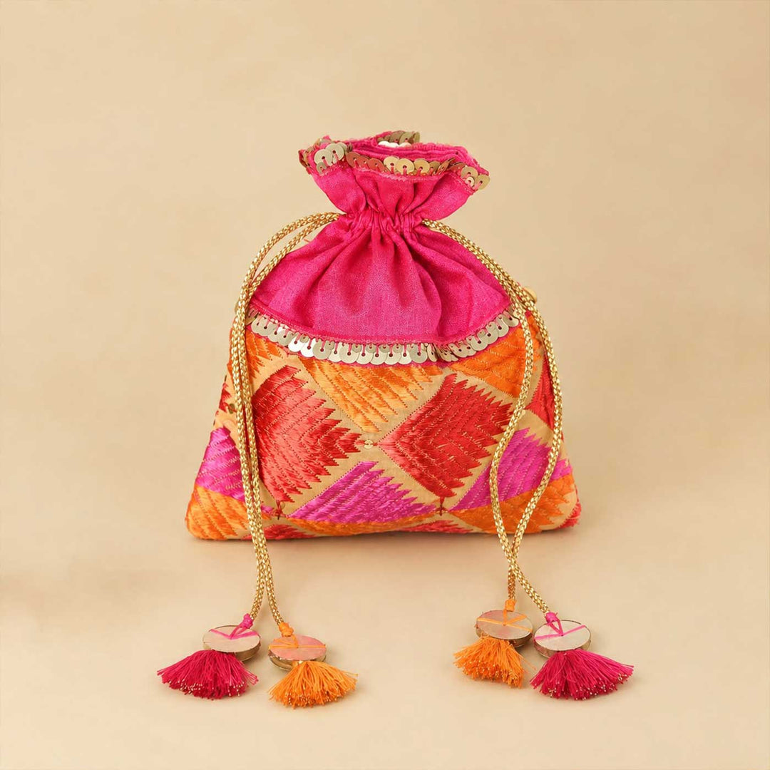 Handmade Phulkari Silk Potli For Festive Gifting | Medium