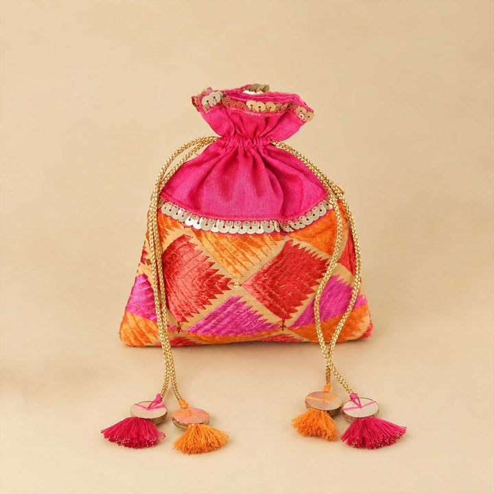 Handmade Phulkari Silk Potli For Festive Gifting | Medium