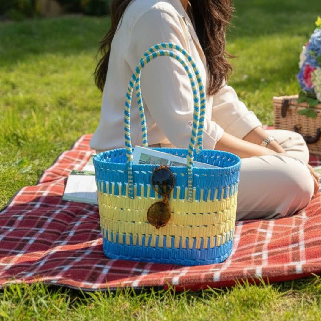 Handmade Traditional Plastic Tape Wire Blue And Yellow Koodai Lunch Bag