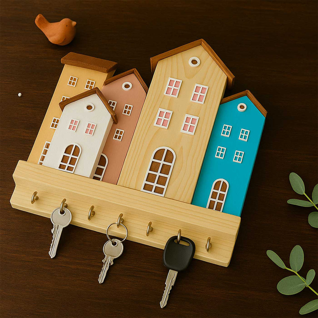 Stylish Miniature House Theme Wooden Key Holder | With 7 Hooks