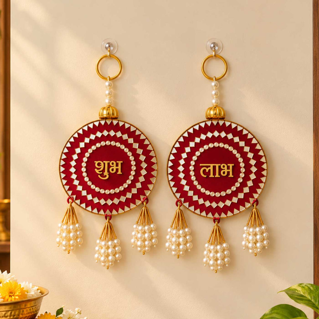 2 pc | Shubh Labh Mirror Work MDF Wood Door Hanging For Festive Decor