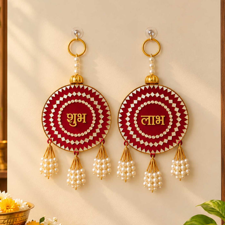 2 pc | Shubh Labh Mirror Work MDF Wood Door Hanging For Festive Decor