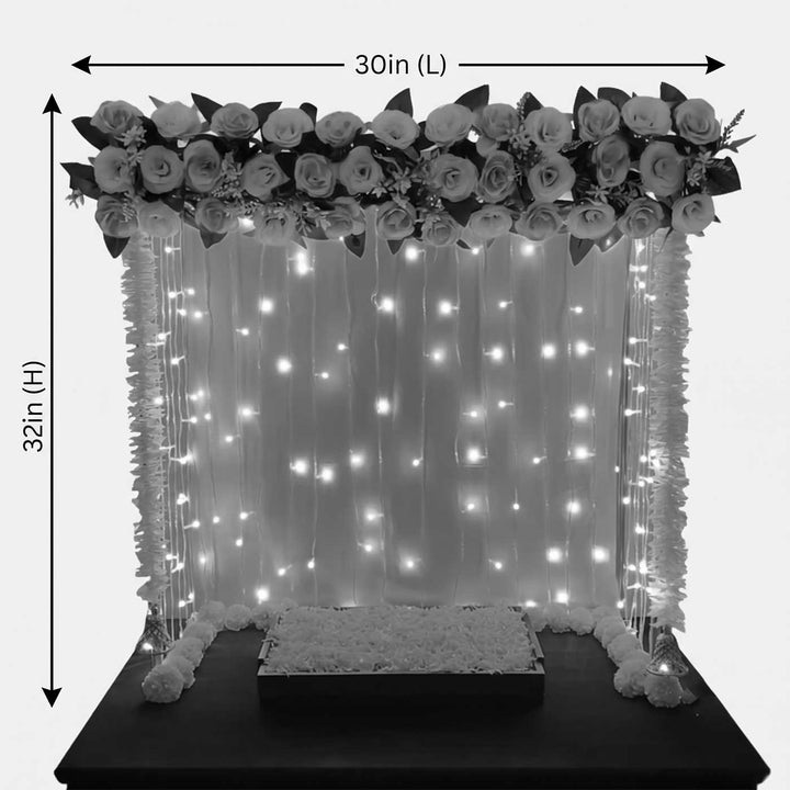 Royal Mandap Backdrop Decor Kit With Artificial Floral Panel, Bell Garlands & Fairy Lights