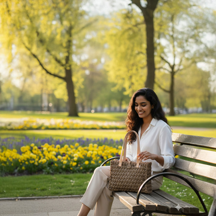 Handmade Grass Woven Rectangular Zari Sabai Mesh Tote Bag