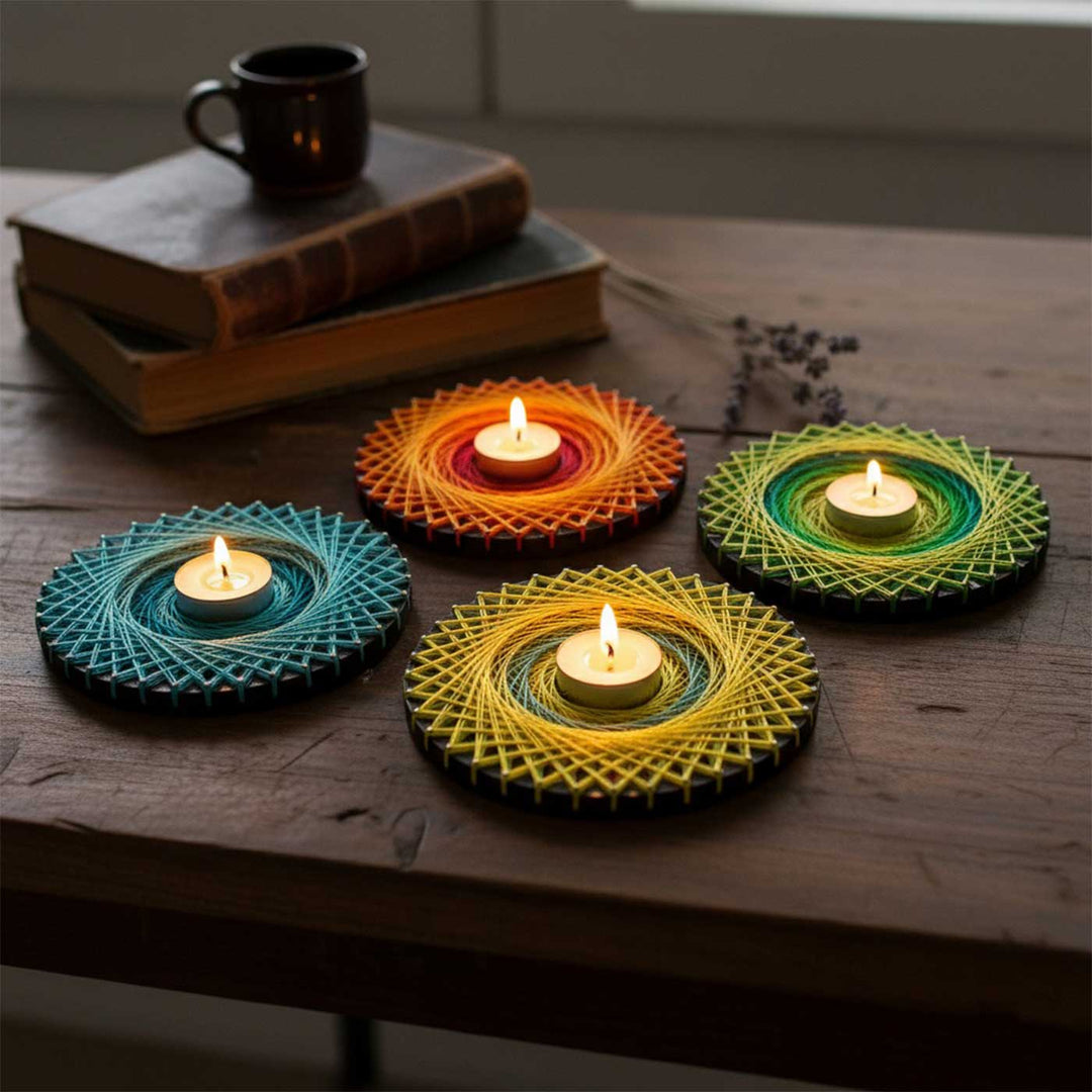 Handmade String Art Round Wooden Tealight Holder With Tealight Candle