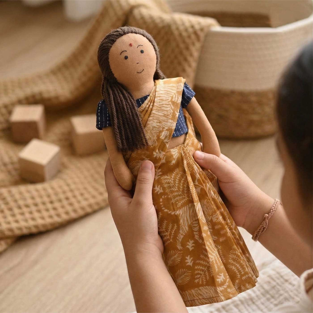 Nilah's Amma (Mother) In Beige Saree | Soft Hand-Stitched Sustainable Indian Play Doll