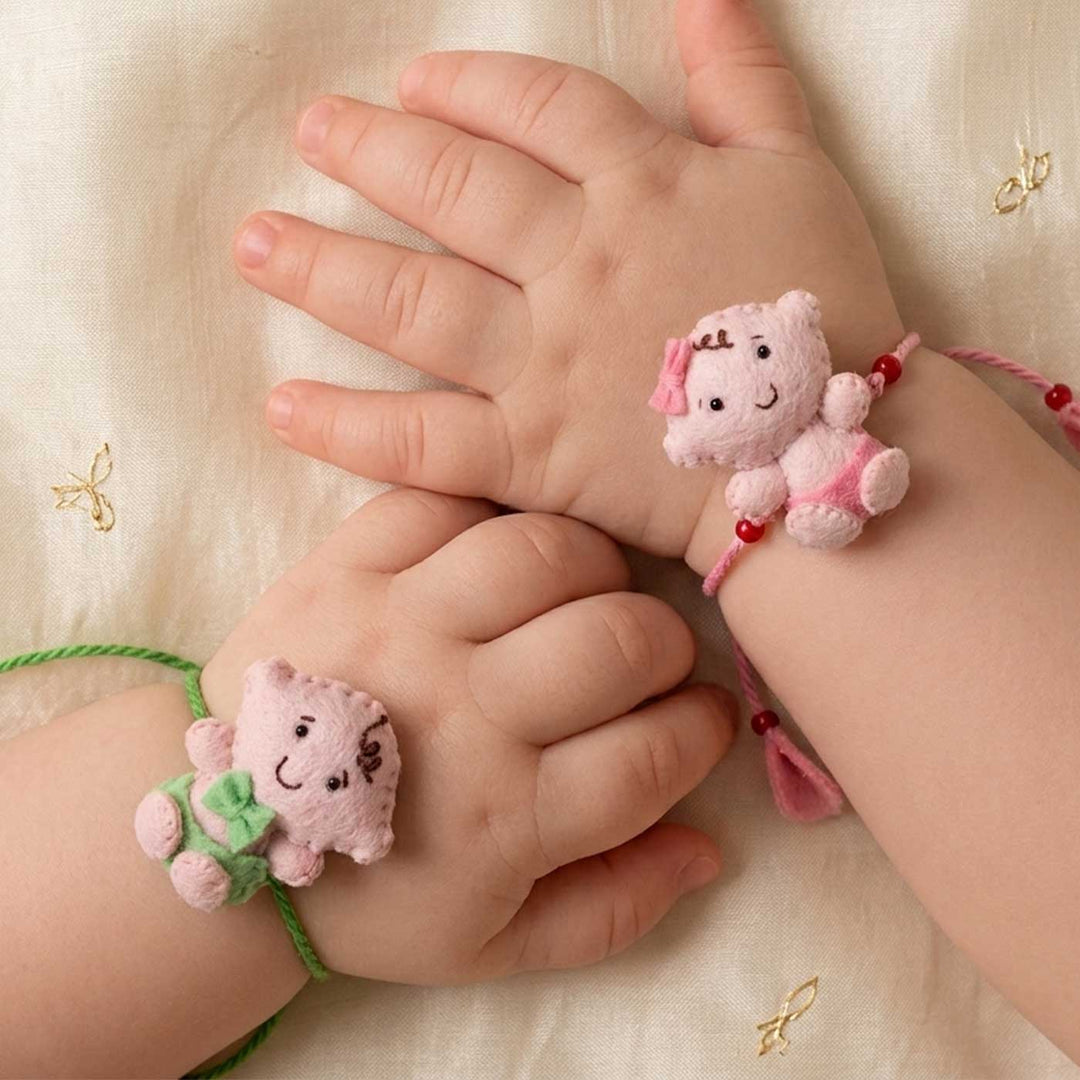 Hand Embroidered Adorable Baby Rakhi Set With Brooch Pin & Keychain For Twins