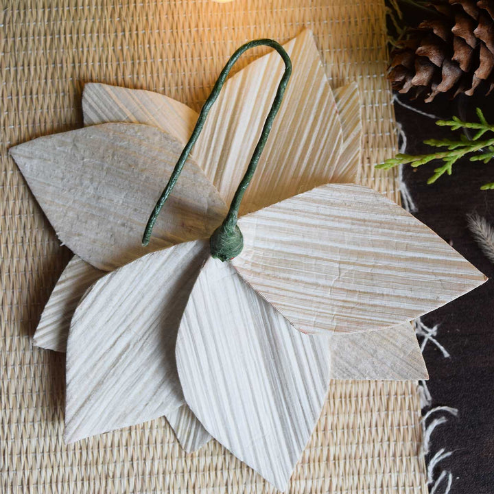 Handmade Areca Nut White Poinsettia Flower Christmas Ornament