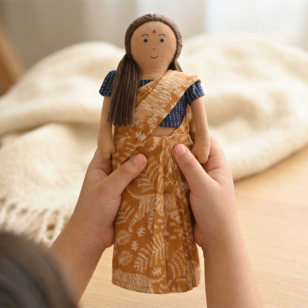 Nilah's Amma (Mother) In Beige Saree | Soft Hand-Stitched Sustainable Indian Play Doll