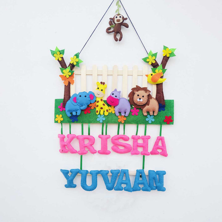 Personalized Blue & Pink Jungle Theme With Fencing Felt Kids Name Plate