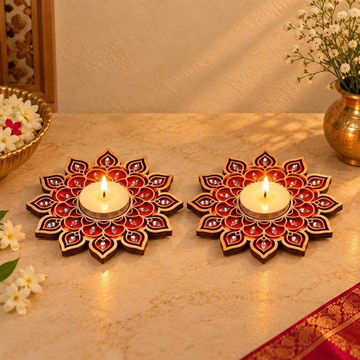 Handcrafted Heritage Mandala Red Wooden Tealight Holder with Mirror Accents