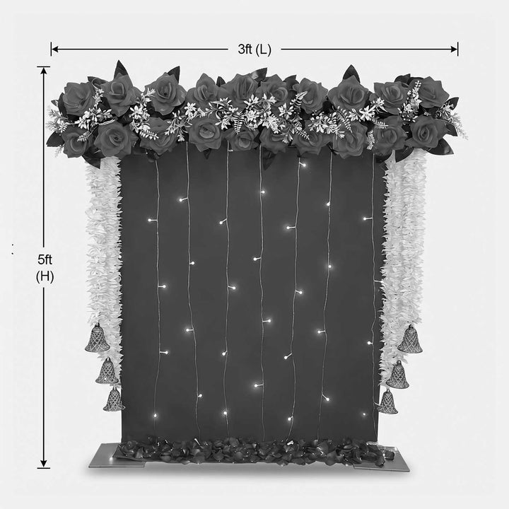 Pink Brocade Pooja Backdrop Decor Kit With Jaali Stand & Lotus Tassels